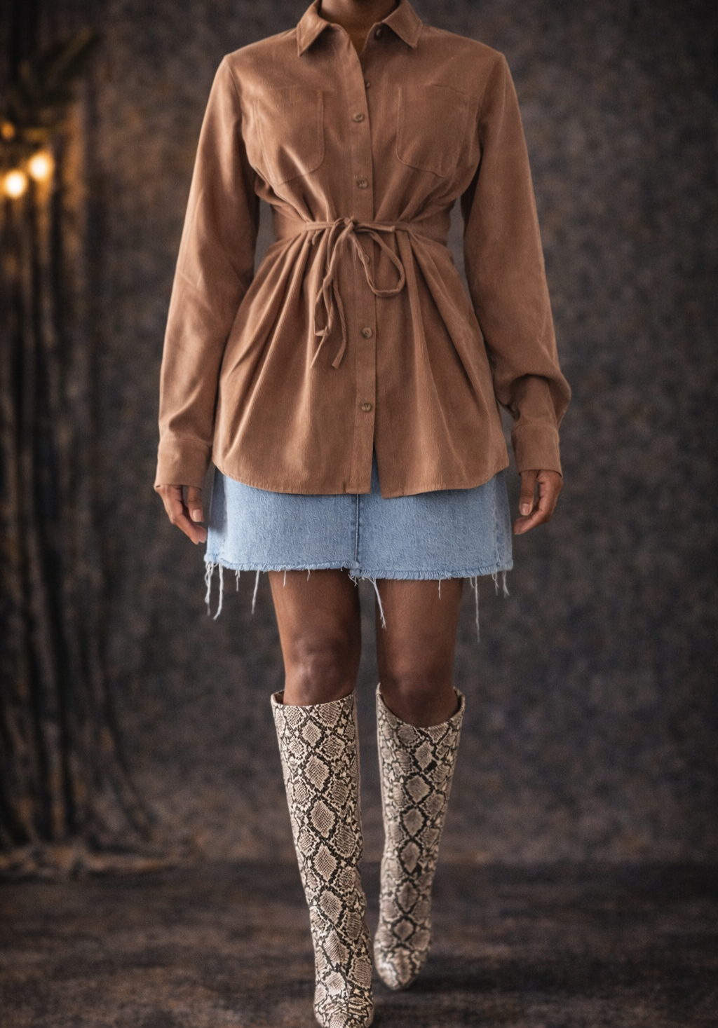 Oversized Cinched Waist Blouse – Brown (L)